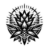 Stylized Black and White Floral Mandala Featuring a Central Flower, Leaves, and Geometric Elements in a Circular Composition. vector