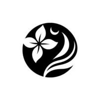Elegant Monochrome Floral Emblem A symmetrical flower and stylized flowing elements enclosed within a black circle, against a white background. vector