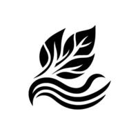 A minimalist black and white stylized depiction of a leaflike form with flowing lines, creating an elegant and natureinspired graphic. vector
