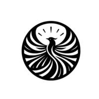 Minimalist Black Phoenix Rising from Ashes Within a Circular Frame, Embodying Rebirth and Transformation on a White Background. vector