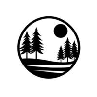 A minimalist black and white circular emblem of a forest scene at dusk, featuring pine trees, hills, and a sun. vector
