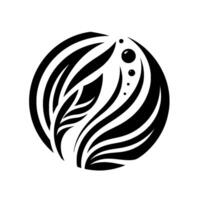 A stylized black and white circular design, featuring organic shapes suggestive of leaves and flowing lines, accented by three small dots and a bubble. vector
