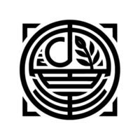 Intricate black and white geometric design, a symmetrical composed of nested circles and a square frame, featuring stylized leaf and C letter elements. vector