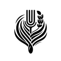 Stylized Black and White Emblem A Fork and Wheat Stalk Intertwined Within a FloralInspired Swirl, Symbolizing Nourishment. vector
