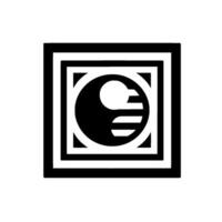 A symmetrical black and white geometric composition centered on a square, featuring a stylized crescentmoon like symbol with three horizontal lines enclosed within a circle. vector