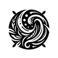 A symmetrical black and white circular featuring stylized waves, leaves, and dots, evoking balance and movement within a minimalist aesthetic. vector