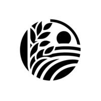 Stylized agricultural emblem featuring a wheat stalk, sun, and rolling fields within a circular frame, conveying rural serenity and harvest season. vector