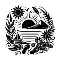A monochromatic circular illustration of a coastal summer scene, featuring a sunrise, sailboat, flowers, foliage, and beach elements, creating a whimsical, stylized aesthetic. vector
