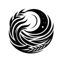 Abstract black and white circular featuring a crescent moon, stars, and stylized waterwave elements with leaf accents. vector