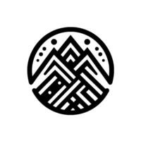 Geometric Mountain Logo A stylized, black and white circular emblem featuring layered mountain peaks, dots, and a linear, interwoven design, evoking a sense of nature and abstraction. vector