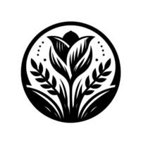 A stylized, black and white floral emblem within a circle. The features a central flower with layered petals, flanking sprigs, and minimalist details. vector