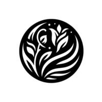 A monochrome, elegant emblem featuring stylized botanical elements, including leaves, stems, and flowing lines, contained within a perfect black circle, set against a pristine white backdrop. vector