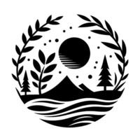 A minimalist, blackandwhite circular featuring a stylized mountain landscape with a sun, trees, water, and surrounding foliage, creating a sense of tranquility. vector