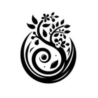 Stylized Black and White Floral Design A symmetrical composition featuring a tree with leaves, flowers, and berries, enclosed within a swirling, orblike structure. vector