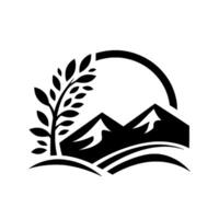 A minimalist featuring a stylized tree, mountains, and a sunlike arch, conveying natures essence. vector