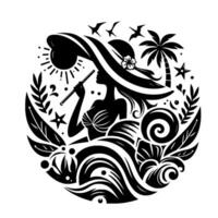 A Silhouette of a woman smoking a pipe, adorned in a wide brimmed hat, within a circular beach themed illustration. vector
