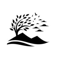 Silhouette scene with a tree atop a hill, birds taking flight, and stylized clouds against a white backdrop creating a harmonious, minimalist aesthetic. vector