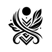 Geometric Abstract Composition Symmetrical Black and White Featuring Leaflike Elements, Circular Accents, and Ornamental Curves. vector