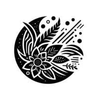 Stylized Black and White Floral Composition, Centered Within a Circle, Featuring a Prominent Flower, Leaves, and Decorative Elements, Modern Minimalism. vector