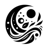 A stylized black and white circular composition, featuring a crescent, circles, leaves, and flowing wavelike elements, evoking harmony and balance. vector