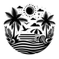 A stylized black and white circular beach scene featuring palm trees, ocean waves, sun, clouds, birds, beach balls, and an umbrella, creating a vacation icon. vector