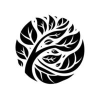 A stylized black and white depiction of a tree within a circular form, featuring intricate leaves and branches, symbolizing growth and life. vector