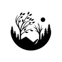 Minimalist Black and White Landscape Silhouette Trees, Mountains, and Sun Enclosed in a Semicircular Frame, Evoking Natures Serenity. vector