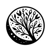 Black and White Stylized Tree Within a Circle, Featuring Leaves and Buds, with a Detailed Branch Structure and Decorative Speckles. vector