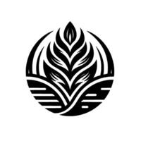 Black and white minimalist circular featuring stylized leaves and organic shapes representing growth and nature in a clean, modern design. vector