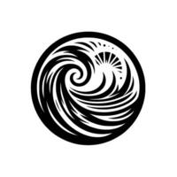 Circular black and white of stylized ocean wave and radiant sun design, symbolizing balance and harmony. vector