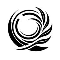 Swirling Black Tribal Circle with Leaf Elements and Shadow on White Background, Minimalist Design. vector