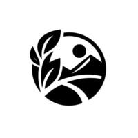 Monochromatic Nature Logo Circle emblem with leaves, mountain silhouette and sun symbol, embodying organic harmony. vector
