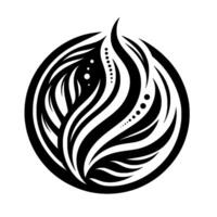 Abstract black and white stylized flame enclosed in a circle, featuring intricate wavelike and dot elements, symbolizing energy. vector