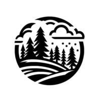 A minimalist black and white circular illustration depicting a serene forest scene with rolling hills, towering fir trees, stylized clouds, and falling dots, suggesting snowfall. vector