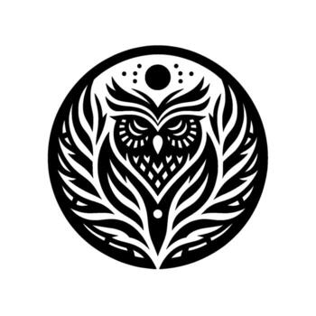 Intricate Black and White Owl Motif within a Circular Frame, Featuring Detailed Feather Patterns and Staring Eyes. vector
