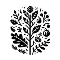 Stylized Black and White Botanical Composition A symmetrically arranged illustration featuring leaves, berries, and a central treelike structure within an oval. vector