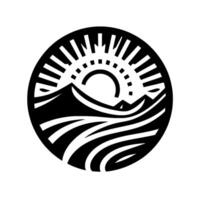 A circular, minimalist black and white emblem depicts mountains and flowing water beneath a radiant sun with stylized beams and dots. vector