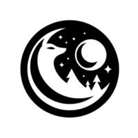 Stylized depicting a foxs silhouette intertwined with a crescent moon, starry night sky and pine trees, enclosed in a black circle, against a white background. vector