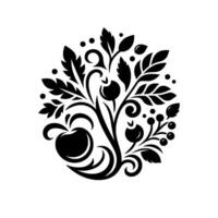 Intricate Black White Floral Design Stylized Apple Tree with Leaves, Berries, and Swirls, on White Background. vector