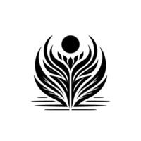 A symmetrical, black and white botanical illustration featuring a central flowering element with arching leaves and a spherical sun or moon, radiating tranquility. vector
