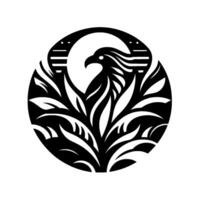 A minimalist, stylized black and white emblem featuring a phoenix within a circular frame and plantlike elements, symbolizing rebirth and resilience. vector