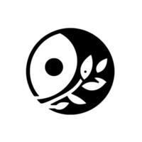 Minimalist Yin Yanginspired Logo Circular Composition with a White Segment, Black Dot, and Branch with Leaves. vector