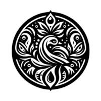 Intricate black and white circular illustration featuring a stylized swan amidst organic floral patterns, minimalist and elegant. vector