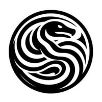 Symbolic Black White Circular Logo A stylized serpent with curved, flowing lines forming a dynamic, symmetrical within a circle, representing energy. vector
