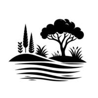 Silhouette of a serene landscape featuring a large tree with a round canopy, stylized flora, and a distant sun, set against a plain white backdrop. vector