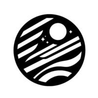 A stylized minimalist circular design, rendered in monochrome, depicting a night sky scene with a moon, stars, and stylized cloud or wave forms. vector