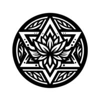 Intricate Black and White Sacred Geometry Mandala Featuring a Lotus Flower Center and Star of Davidlike Structure within a Circular Frame, Illustrating Spiritual Harmony. vector