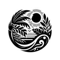 A circular minimalist blackandwhite illustration of a tropical scene featuring a stylized sun, palm trees, birds, and ocean waves. vector