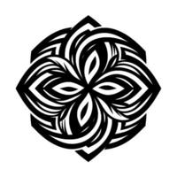 Symmetrical black and white abstract featuring curved lines and leaflike elements within a geometric floralinspired arrangement. vector