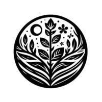 Stylized Black and White Botanical Illustration within a Circular Frame Featuring Leaves, Flowers, Moon, and Dots. vector